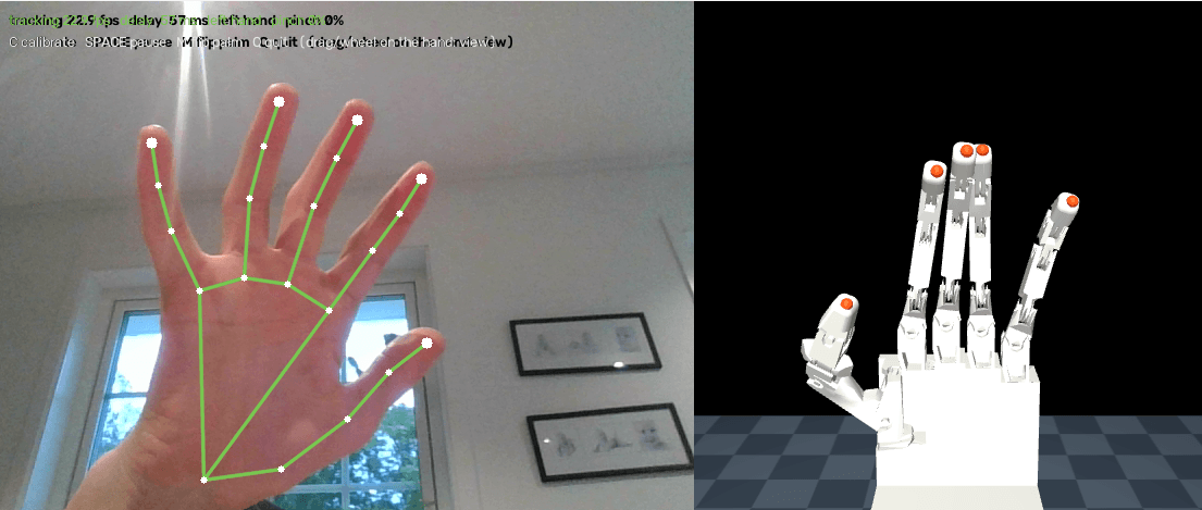 Webcam teleop: an open, spread hand on the left, copied by the simulated five-finger hand on the right.